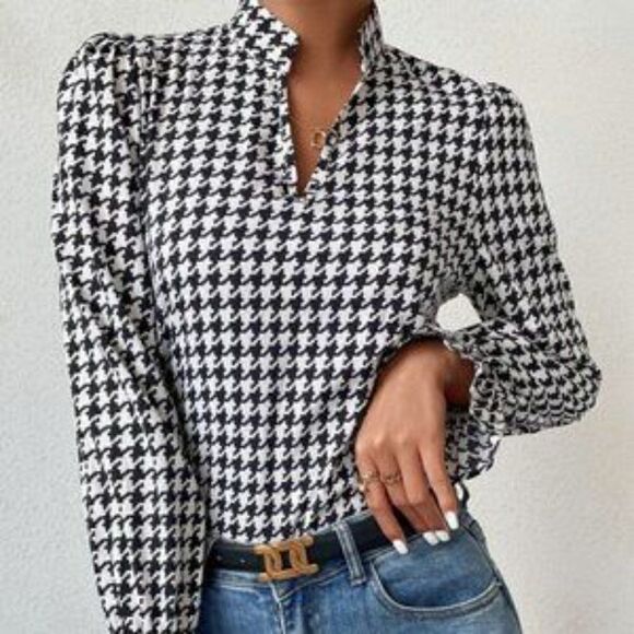 NEW houndstooth all over print long flounce blouse - Picture 5 of 9